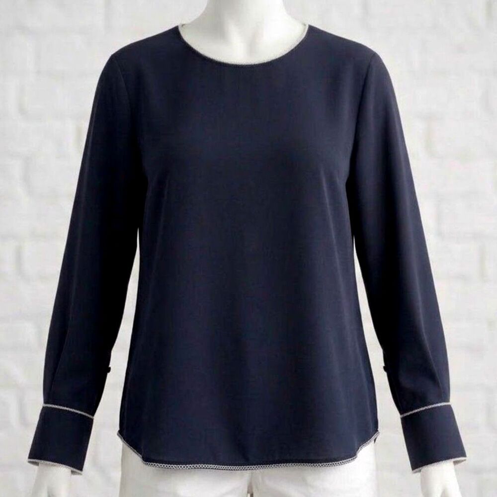 Lark & Ro Long Sleeve Blouse Womens Small Black Crew Neck Piping Detail NEW!